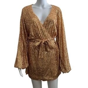 Free People Christa Gold Sequin Long Sleeve Romper Small
